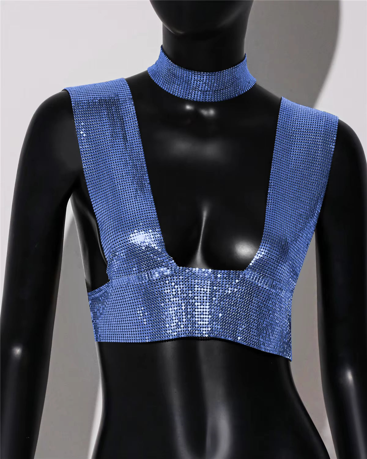 Elegant Metal Sequins Backless Deep V Neck Sleeveless Crop Tops Mssza