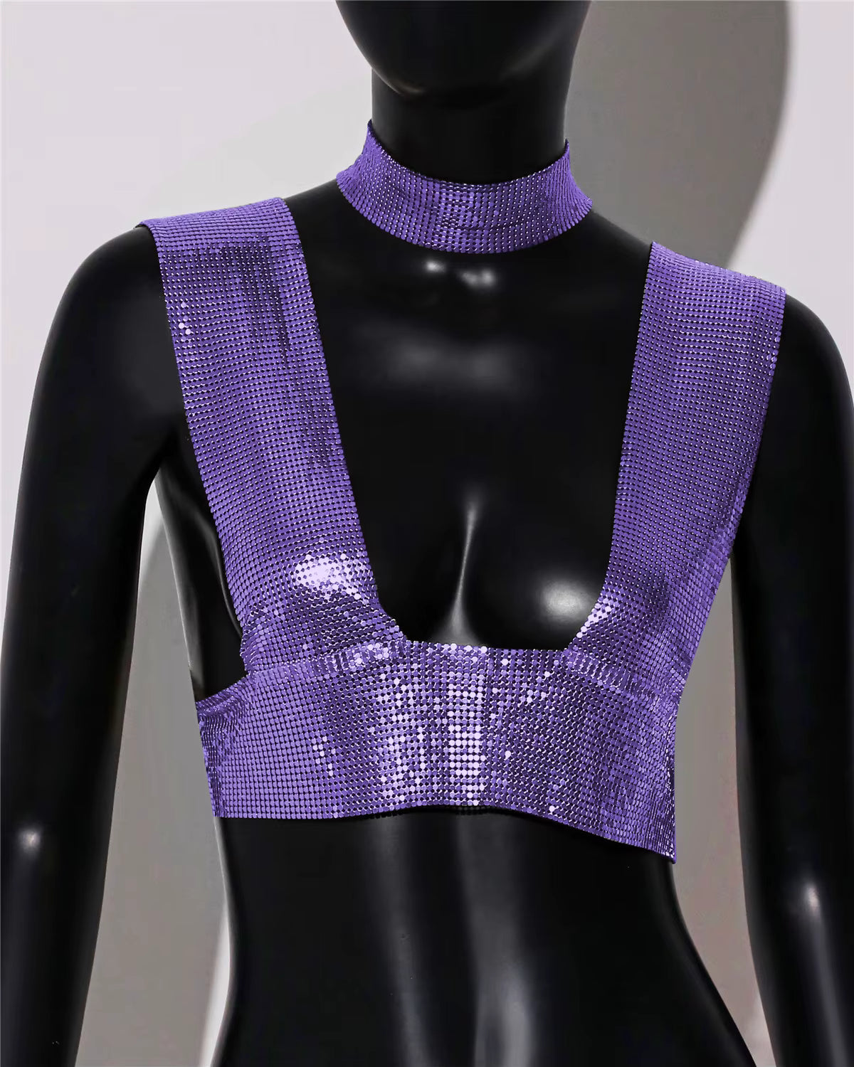 Elegant Metal Sequins Backless Deep V Neck Sleeveless Crop Tops Mssza
