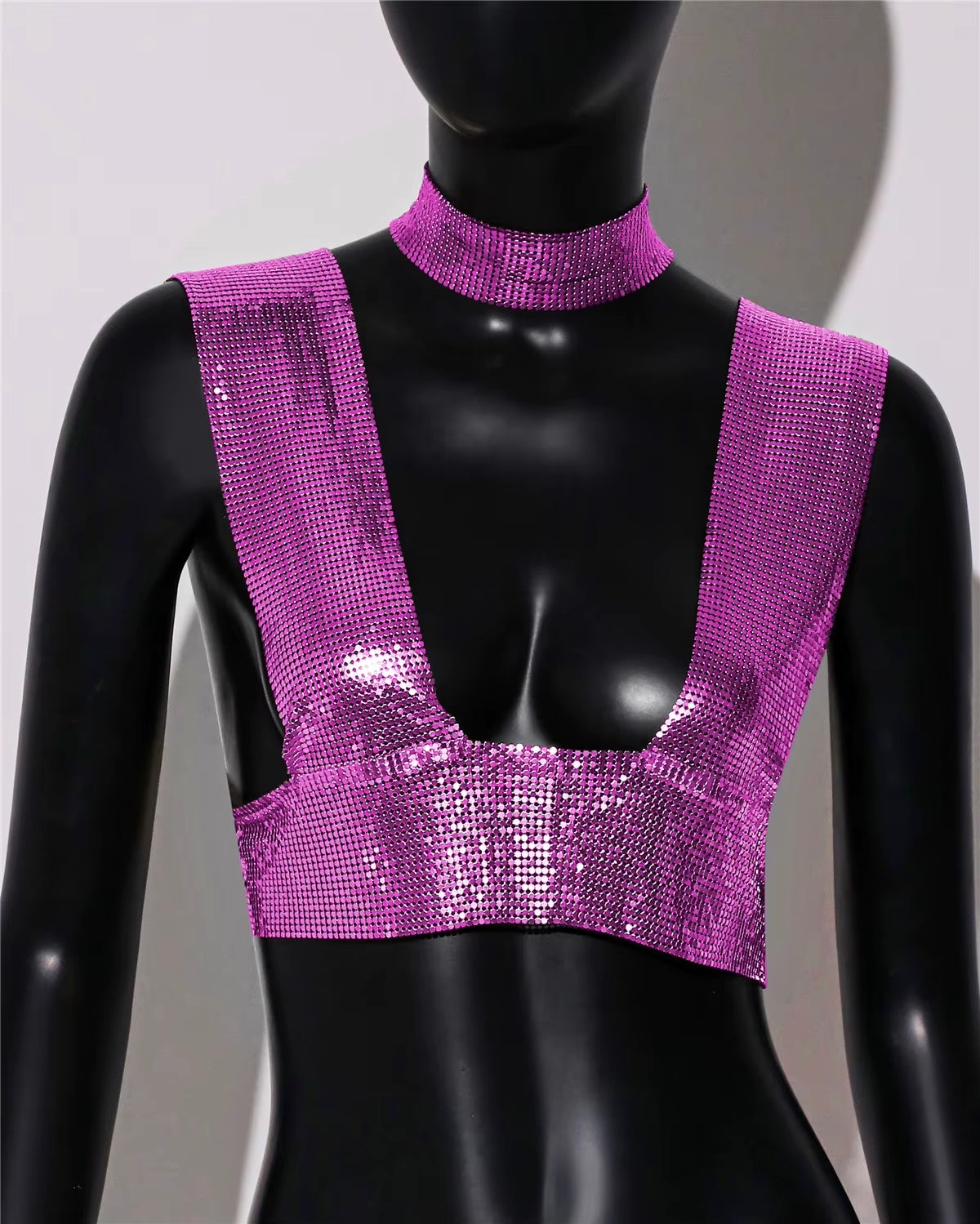 Elegant Metal Sequins Backless Deep V Neck Sleeveless Crop Tops Mssza