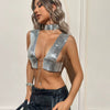 Elegant Metal Sequins Backless Deep V Neck Sleeveless Crop Tops Mssza
