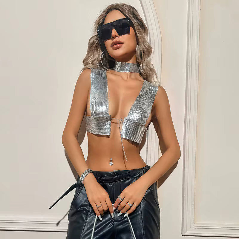 Elegant Metal Sequins Backless Deep V Neck Sleeveless Crop Tops Mssza