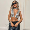 Elegant Metal Sequins Backless Deep V Neck Sleeveless Crop Tops Mssza