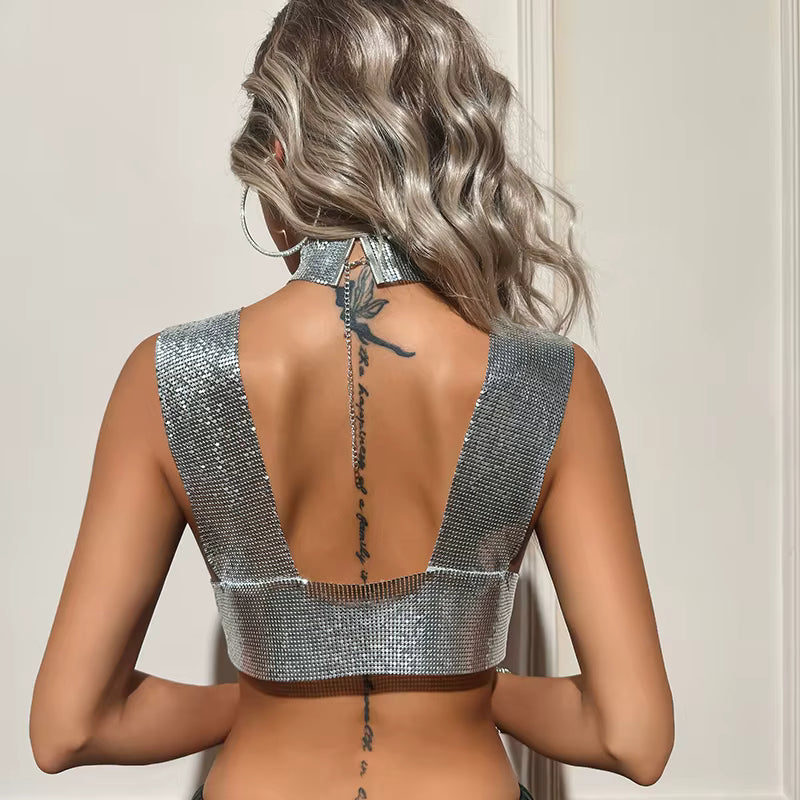 Elegant Metal Sequins Backless Deep V Neck Sleeveless Crop Tops Mssza
