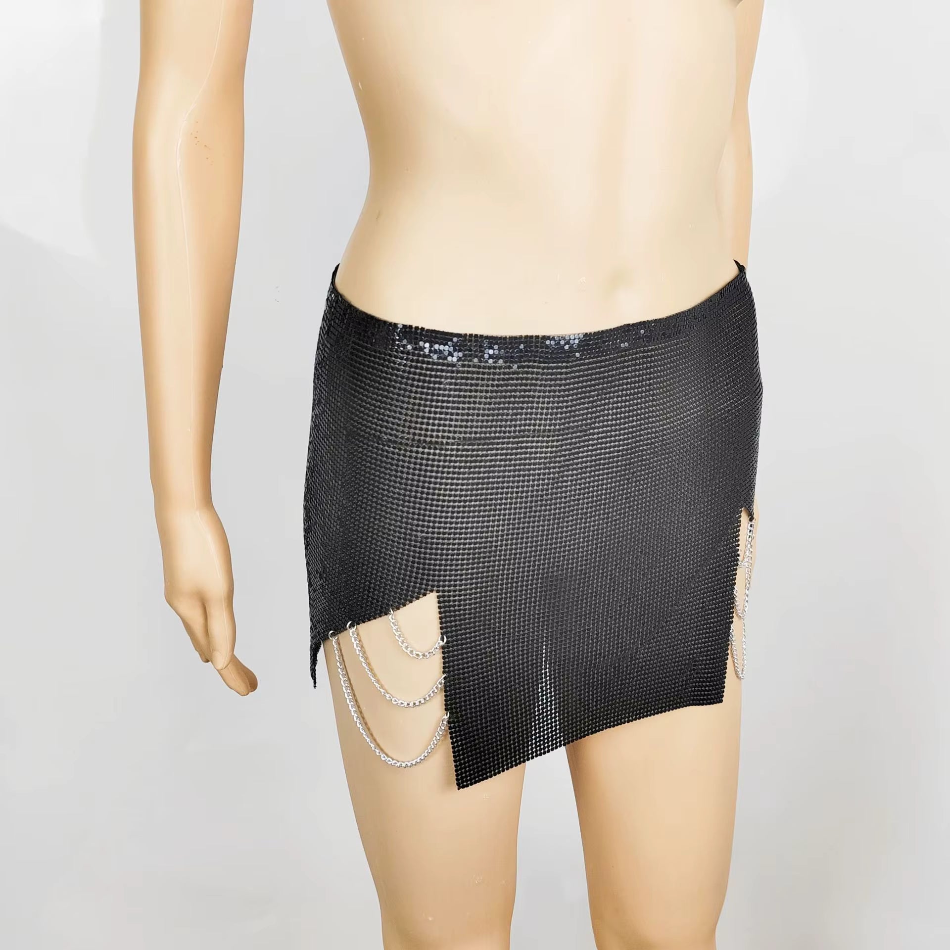 Luxury Sequins Tassel Chain See Above Knee Through Mini Skirt Mssza