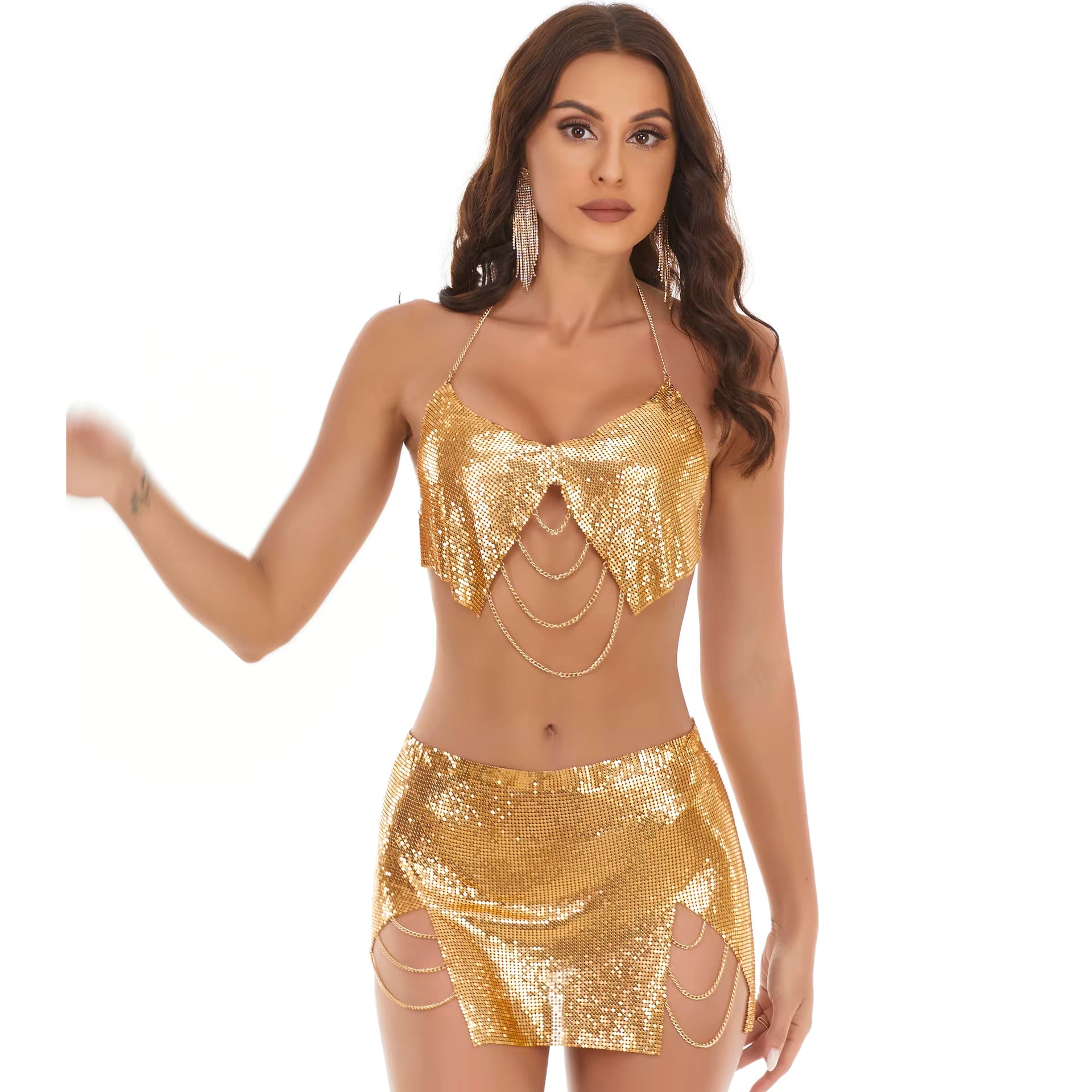 Elegant Metal Sequins Tassel Chain See Through Mini Skirt Mssza