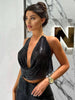 Elegant Metallic Sequins Backless Deep V Neck Halter Hollow Out Crop Top Mssza