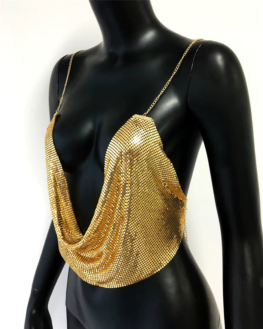 Elegant Metallic Sequins Backless Deep V Neck Halter Hollow Out Crop Top Mssza