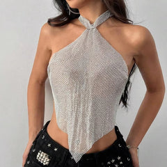 Elegant Metallic Sequins Halter Neck Backless Tank Top Mssza