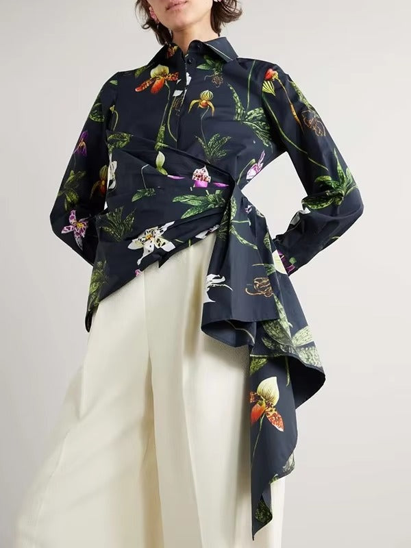 Elegant Notched Long Sleeve Flower Print Shirts Mssza