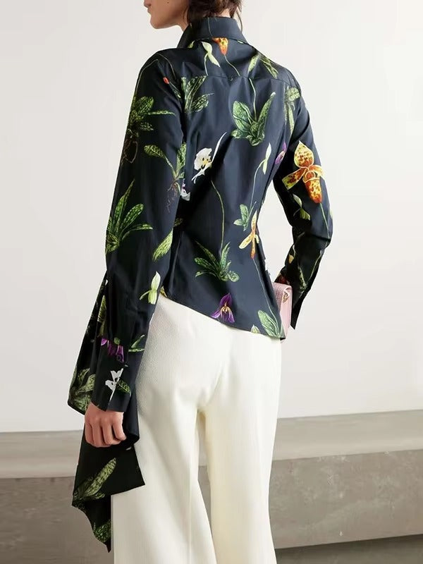 Elegant Notched Long Sleeve Flower Print Shirts Mssza