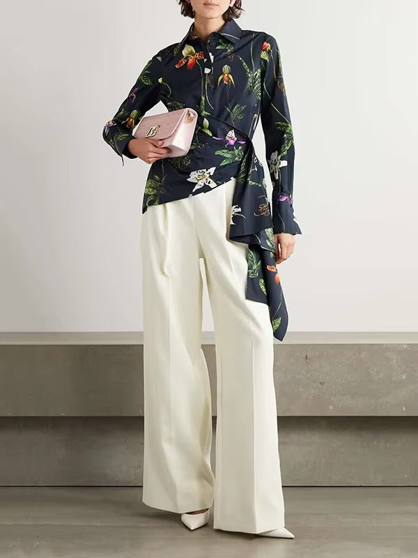 Elegant Notched Long Sleeve Flower Print Shirts Mssza
