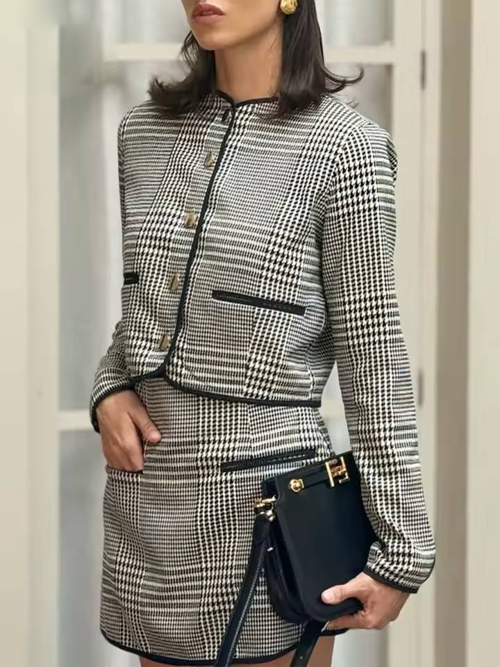 Elegant O-Neck Button Shirts And High Waist Pockets Mini Skirts 2 Piece Set Mssza