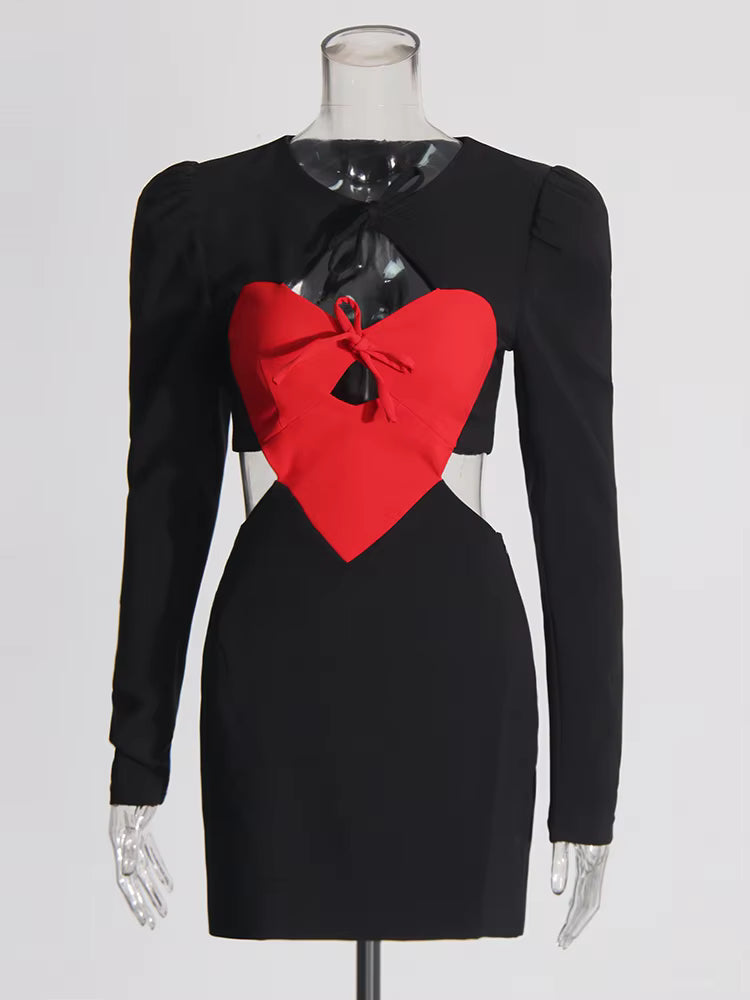 Elegant O-Neck High Waist Hollow Out Spliced Bowknot Bodycon Mini Dress Mssza