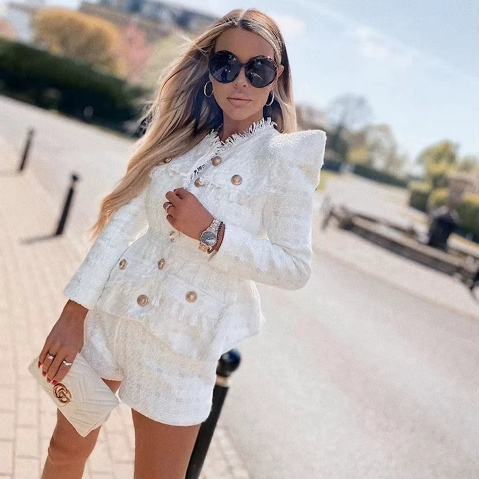 Elegant O-Neck Long Sleeve Single Breasted Jacket And Short 2 Two-Piece Set Mssza