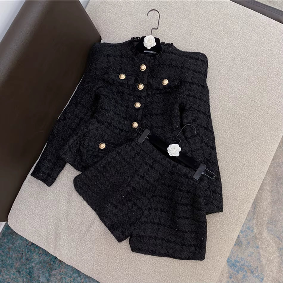 Elegant O-Neck Long Sleeve Single Breasted Jacket And Short 2 Two-Piece Set Mssza