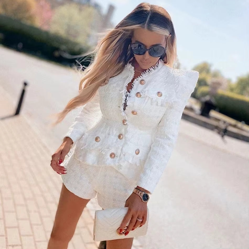 Elegant O-Neck Long Sleeve Single Breasted Jacket And Short 2 Two-Piece Set Mssza
