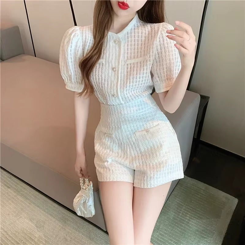 Elegant O-Neck Short puff Sleeve Elastic Waist 2 Piece Set Suit with Shorts Mssza