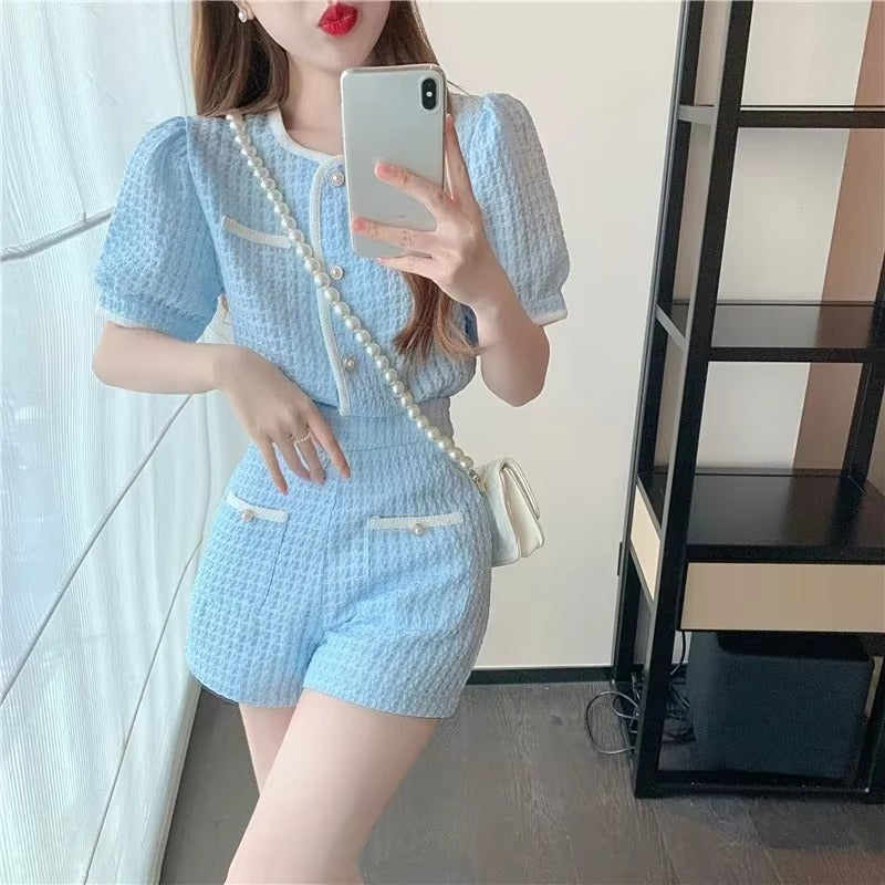 Elegant O-Neck Short puff Sleeve Elastic Waist 2 Piece Set Suit with Shorts Mssza