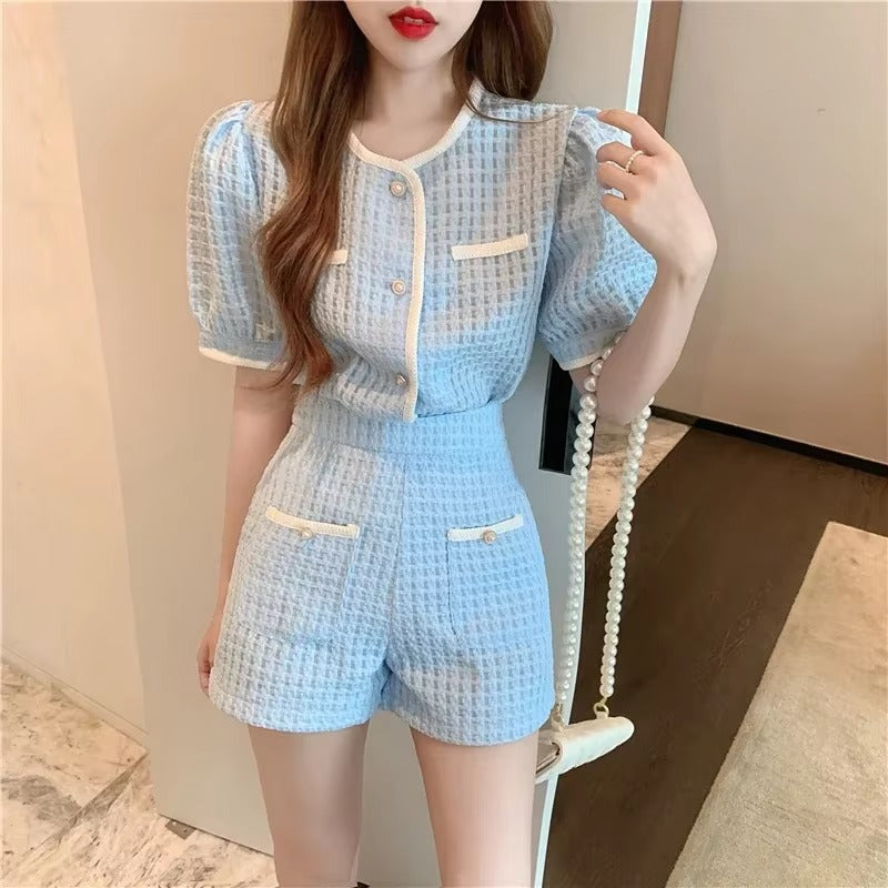 Elegant O-Neck Short puff Sleeve Elastic Waist 2 Piece Set Suit with Shorts Mssza
