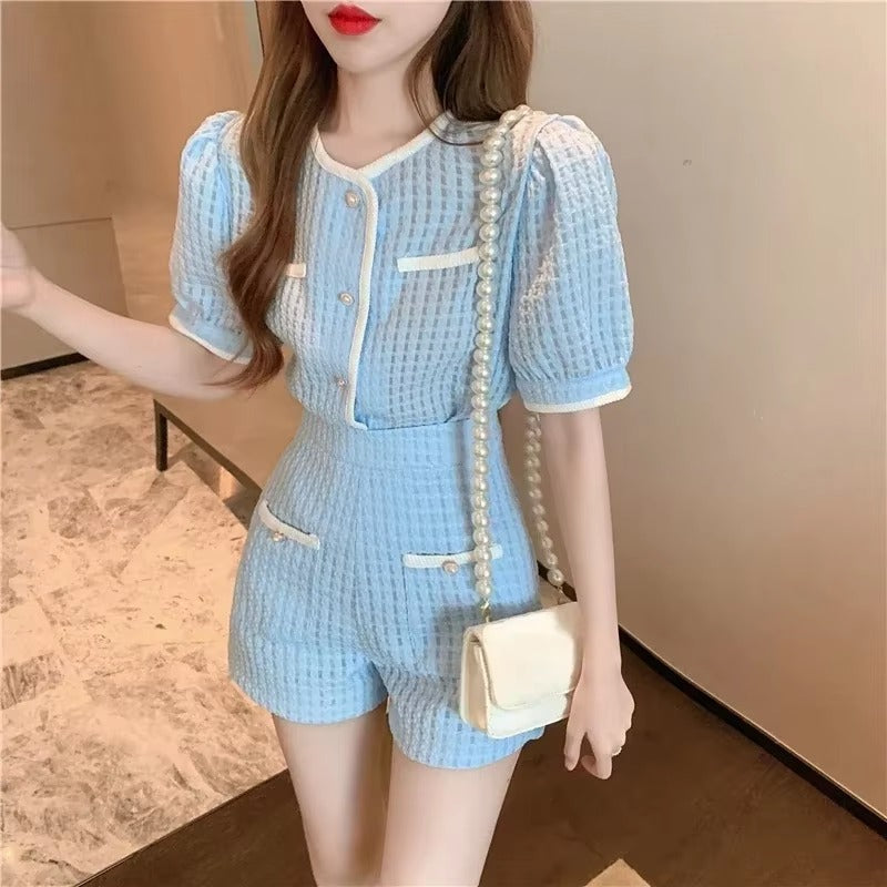 Elegant O-Neck Short puff Sleeve Elastic Waist 2 Piece Set Suit with Shorts Mssza