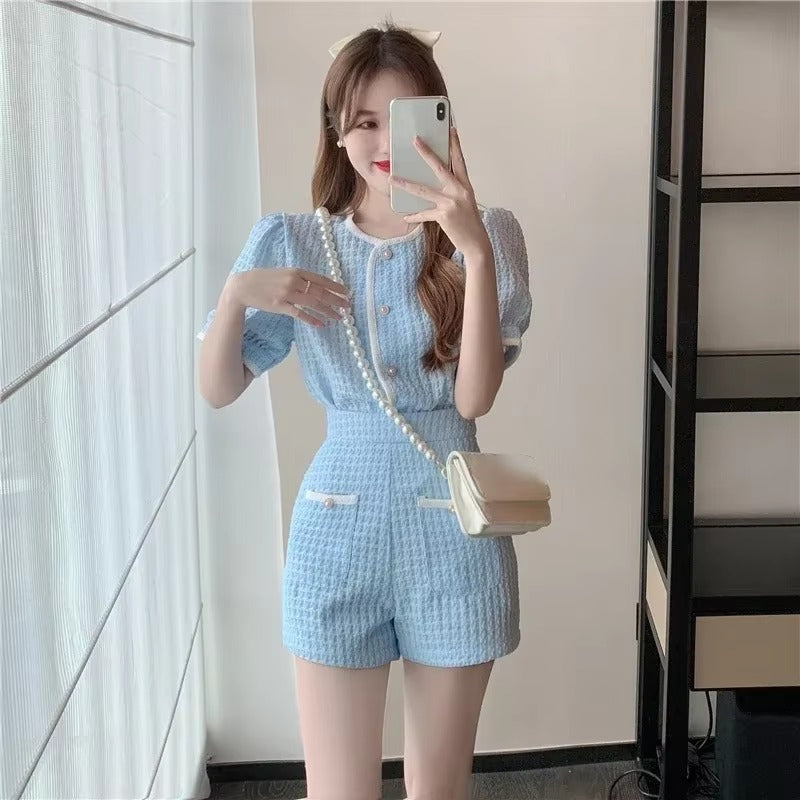 Elegant O-Neck Short puff Sleeve Elastic Waist 2 Piece Set Suit with Shorts Mssza
