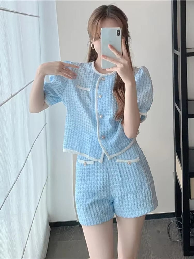 Elegant O-Neck Short puff Sleeve Elastic Waist 2 Piece Set Suit with Shorts Mssza