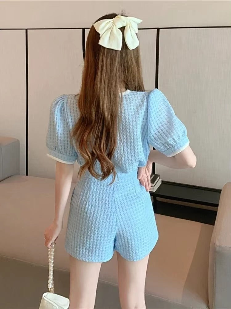 Elegant O-Neck Short puff Sleeve Elastic Waist 2 Piece Set Suit with Shorts Mssza