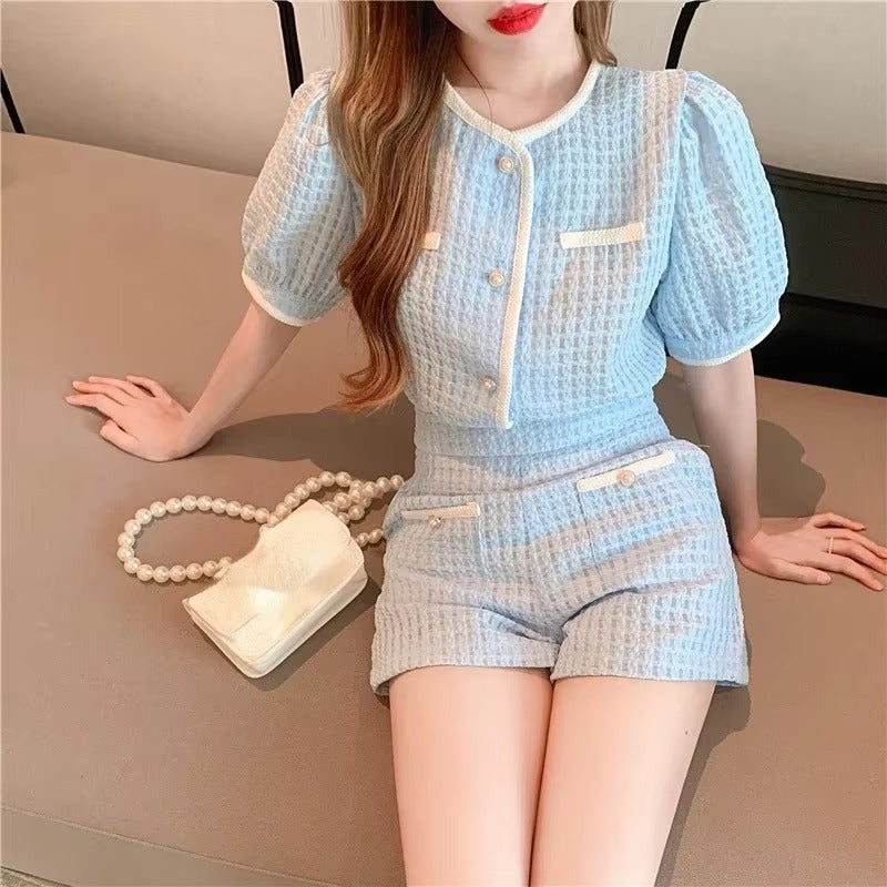Elegant O-Neck Short puff Sleeve Elastic Waist 2 Piece Set Suit with Shorts Mssza