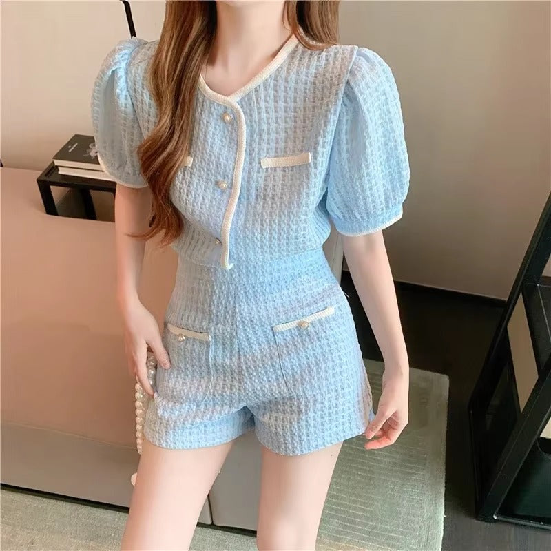 Elegant O-Neck Short puff Sleeve Elastic Waist 2 Piece Set Suit with Shorts Mssza
