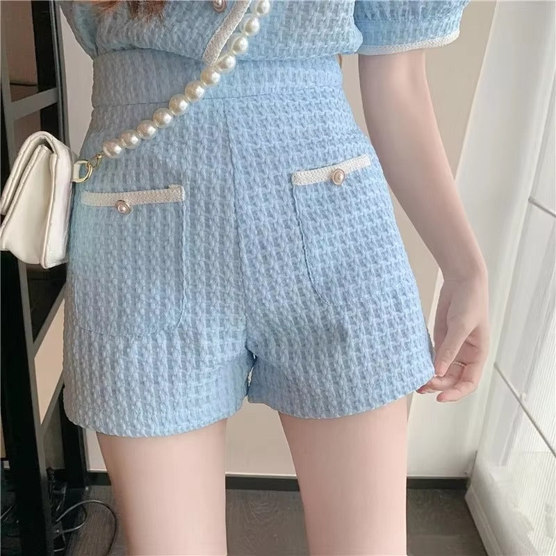 Elegant O-Neck Short puff Sleeve Elastic Waist 2 Piece Set Suit with Shorts Mssza