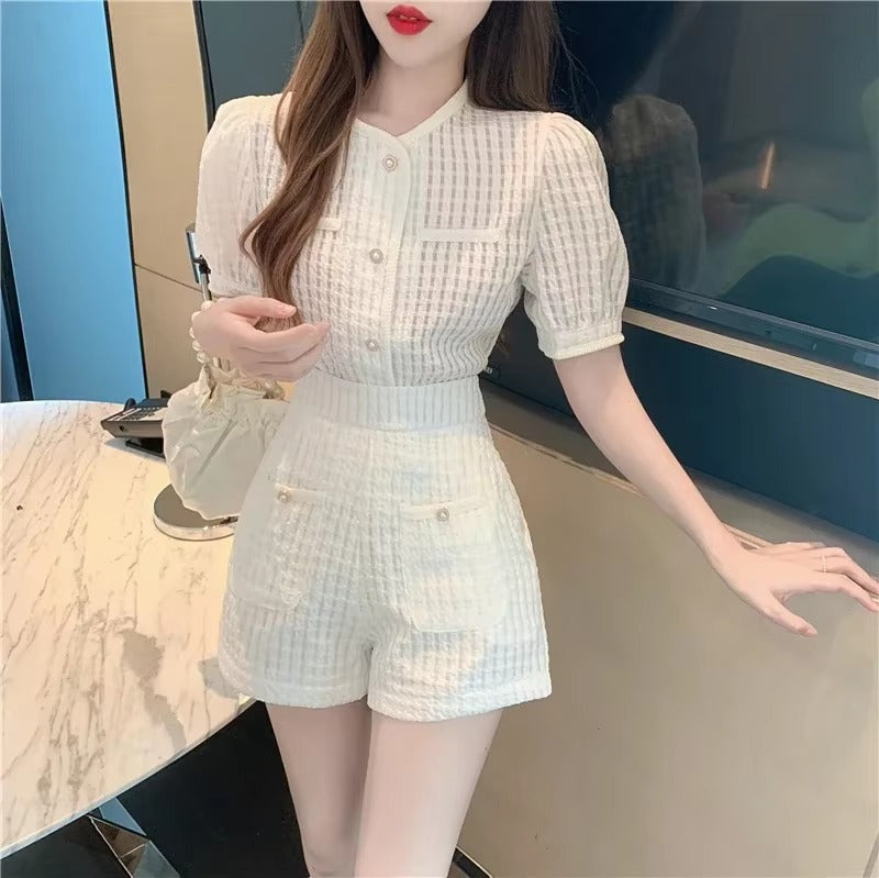 Elegant O-Neck Short puff Sleeve Elastic Waist 2 Piece Set Suit with Shorts Mssza