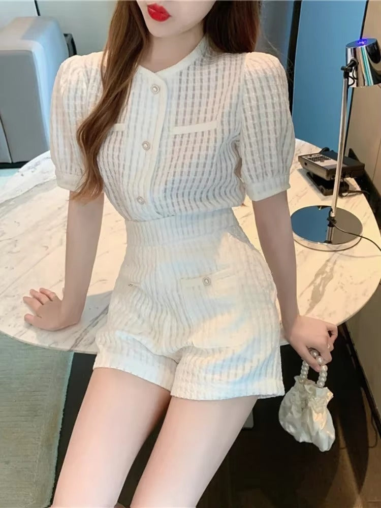 Elegant O-Neck Short puff Sleeve Elastic Waist 2 Piece Set Suit with Shorts Mssza