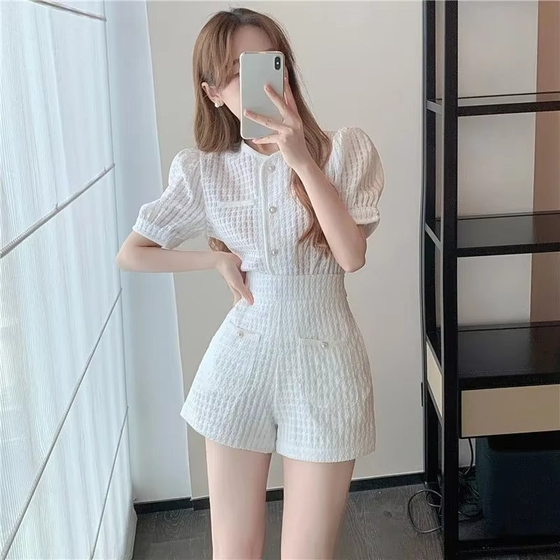 Elegant O-Neck Short puff Sleeve Elastic Waist 2 Piece Set Suit with Shorts Mssza