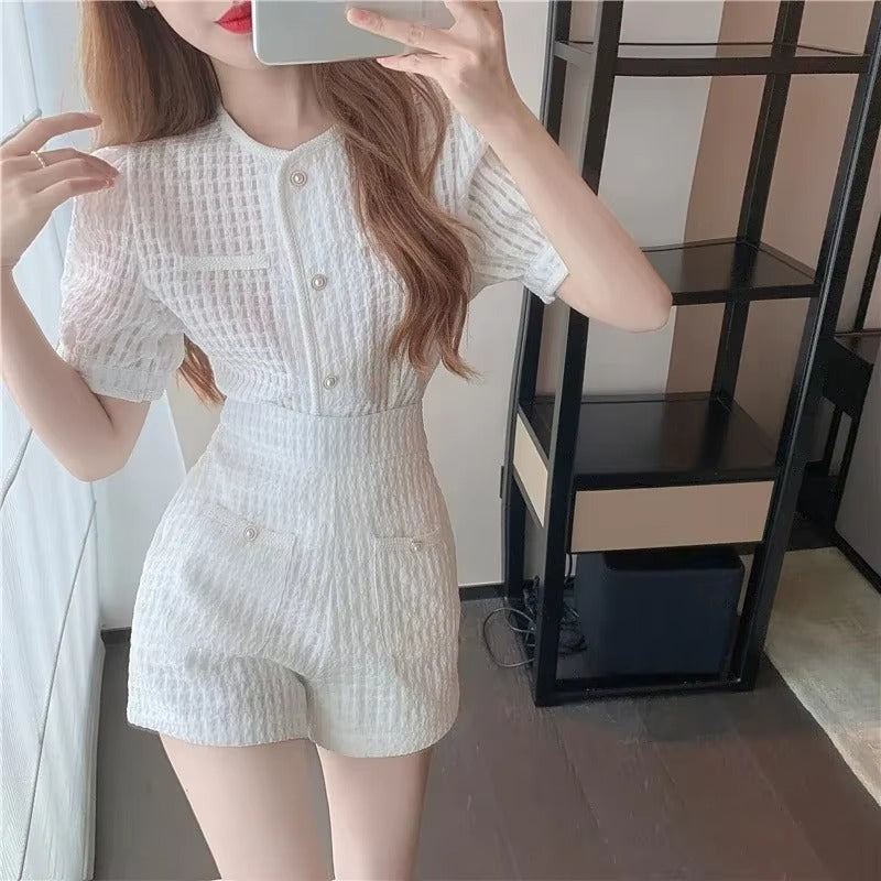 Elegant O-Neck Short puff Sleeve Elastic Waist 2 Piece Set Suit with Shorts Mssza