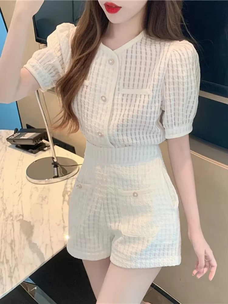 Elegant O-Neck Short puff Sleeve Elastic Waist 2 Piece Set Suit with Shorts Mssza