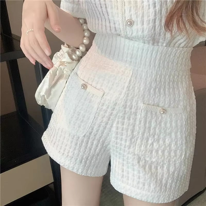 Elegant O-Neck Short puff Sleeve Elastic Waist 2 Piece Set Suit with Shorts Mssza
