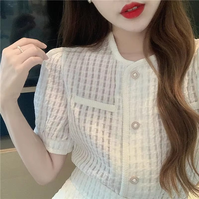 Elegant O-Neck Short puff Sleeve Elastic Waist 2 Piece Set Suit with Shorts Mssza