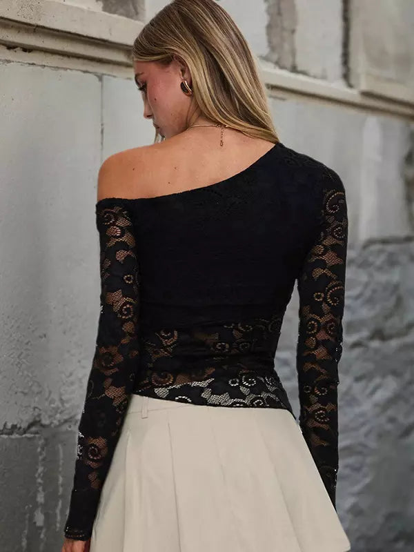 Elegant Off-Shoulder Flared Long Sleeves Open Shoulder Lace Top Mssza