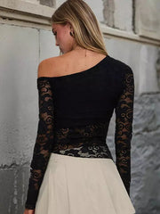Elegant Off-Shoulder Flared Long Sleeves Open Shoulder Lace Top Mssza