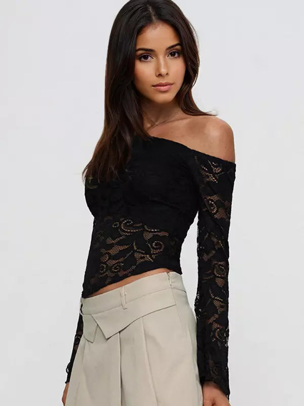 Elegant Off-Shoulder Flared Long Sleeves Open Shoulder Lace Top Mssza