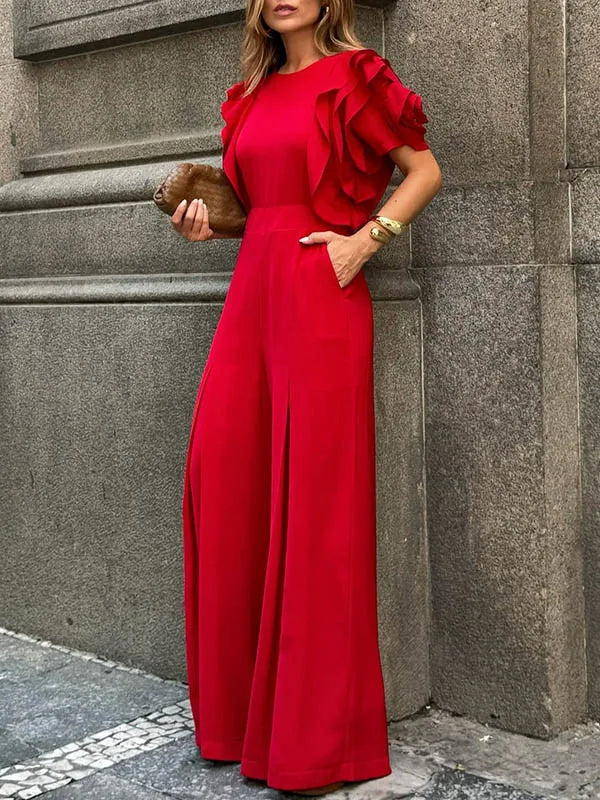 Elegant Office Lady Short Sleeves Wide Leg Full Length Jumpsuit Mssza