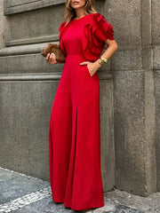 Elegant Office Lady Short Sleeves Wide Leg Full Length Jumpsuit Mssza