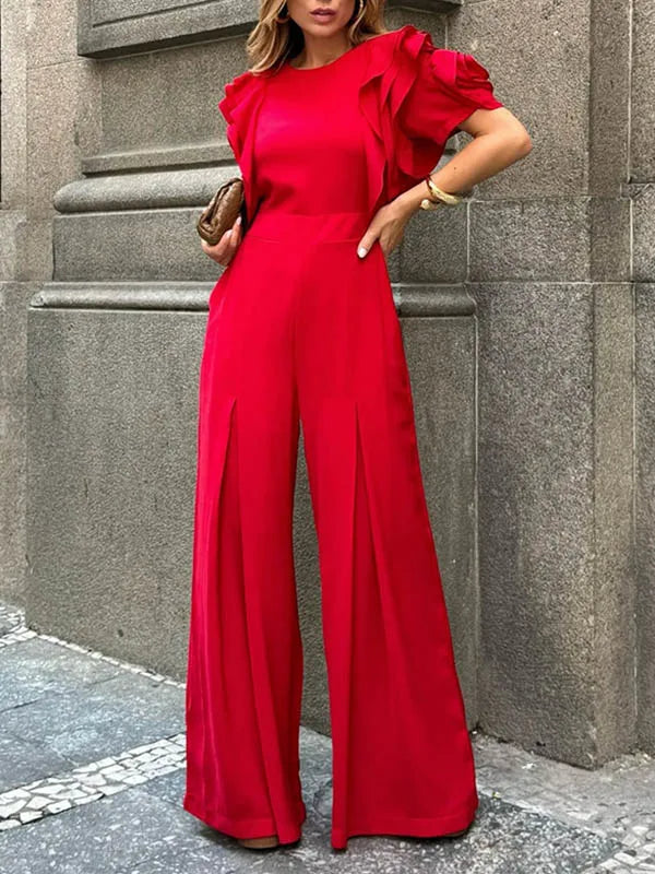 Elegant Office Lady Short Sleeves Wide Leg Full Length Jumpsuit Mssza