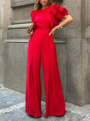 Elegant Office Lady Short Sleeves Wide Leg Full Length Jumpsuit Mssza