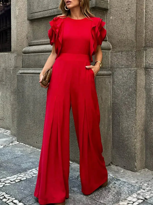 Elegant Office Lady Short Sleeves Wide Leg Full Length Jumpsuit Mssza