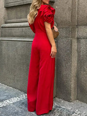 Elegant Office Lady Short Sleeves Wide Leg Full Length Jumpsuit Mssza