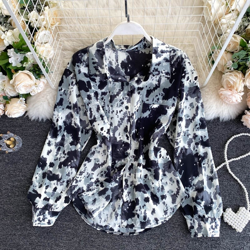 Elegant Office Tops Turn-Down Collar Street Wear Print Blouse Mssza