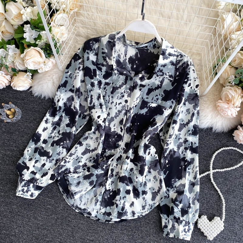Elegant Office Tops Turn-Down Collar Street Wear Print Blouse Mssza