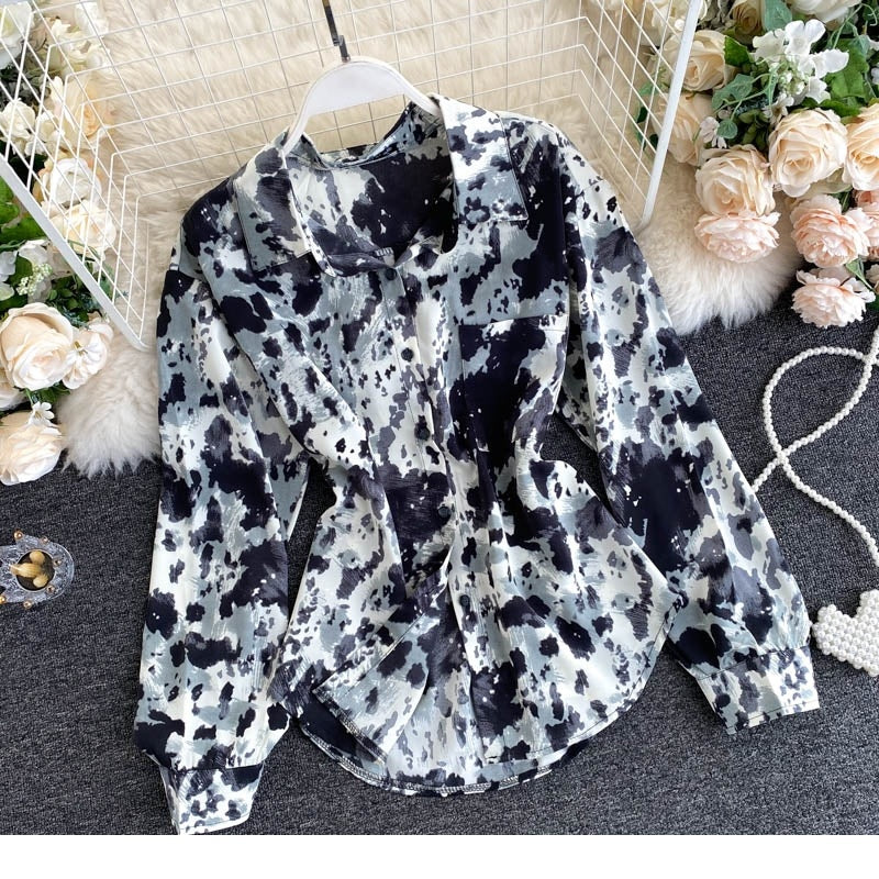 Elegant Office Tops Turn-Down Collar Street Wear Print Blouse Mssza