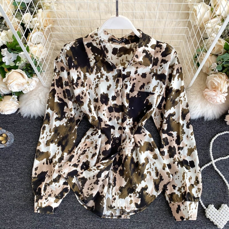 Elegant Office Tops Turn-Down Collar Street Wear Print Blouse Mssza